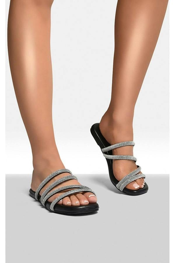 Reya Embellished Asymmetrical Strap Flat Sandals - Black