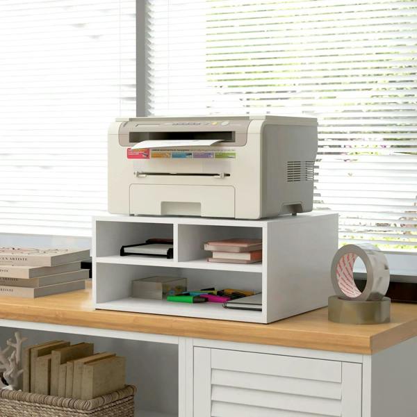 White printer storage cabinet with open compartments and side ventilation panel