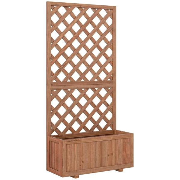 Wooden pine raised planter with diamond trellis panel for climbing plants, brown