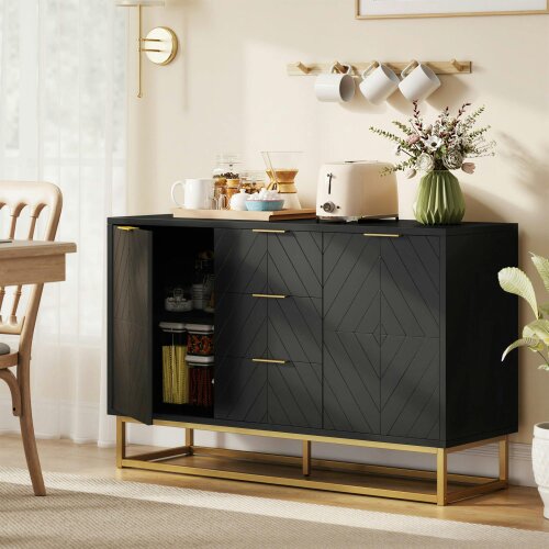 Wyld Haus Varase Black Sideboard 3 Drawers 2 Doors Gold Accents