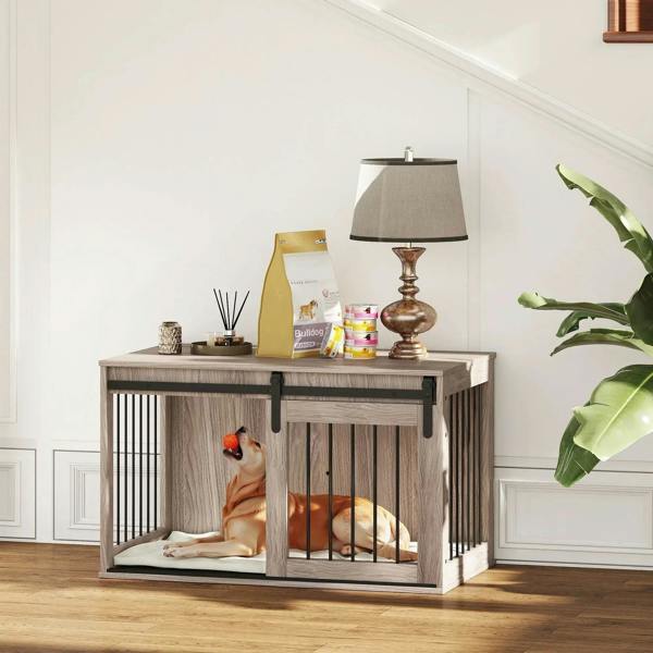 Brown dog crate furniture with removable cushion, dog lying inside with door closed