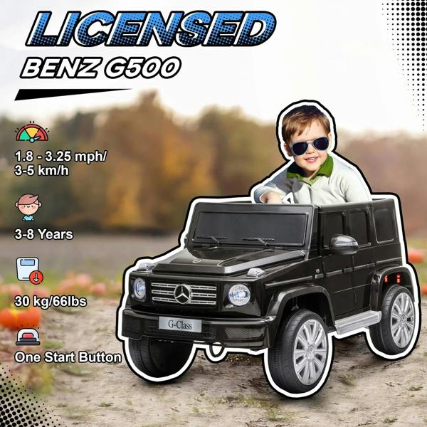 Black kids electric ride-on car with Mercedes grille, headlights, and front bumper