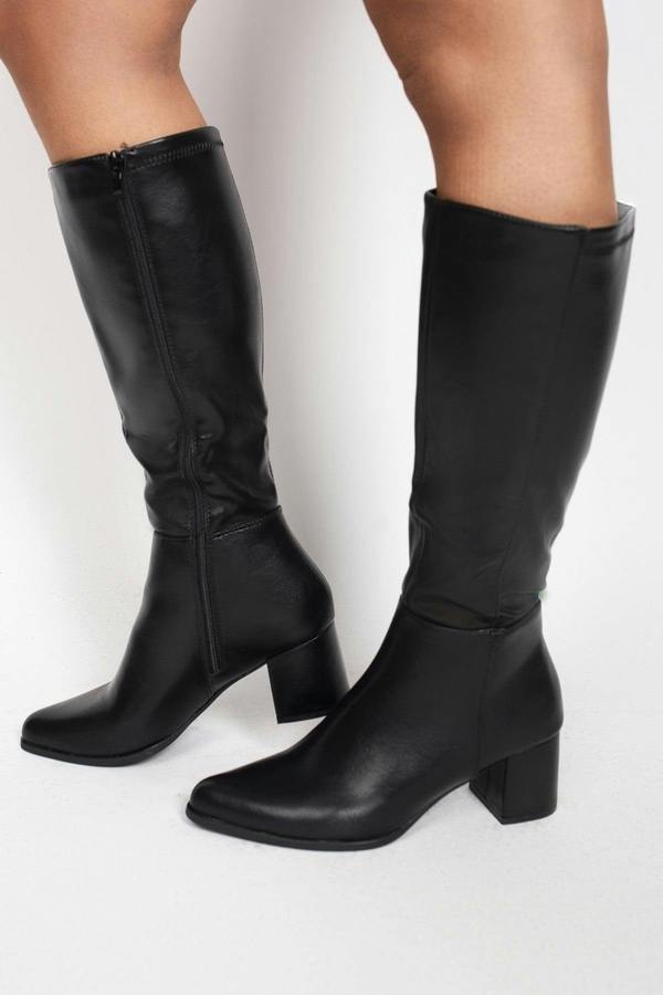 Ardina Suede Knee High Block Heel Boots - Black Pu