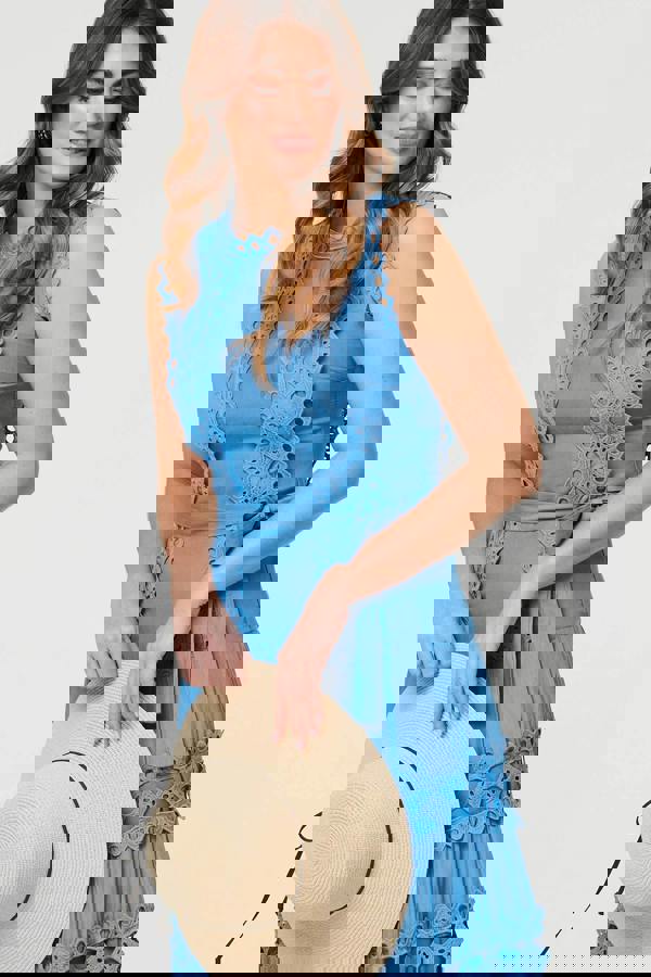 Blue | Lace Layer Sleeveless Tie Maxi Dress