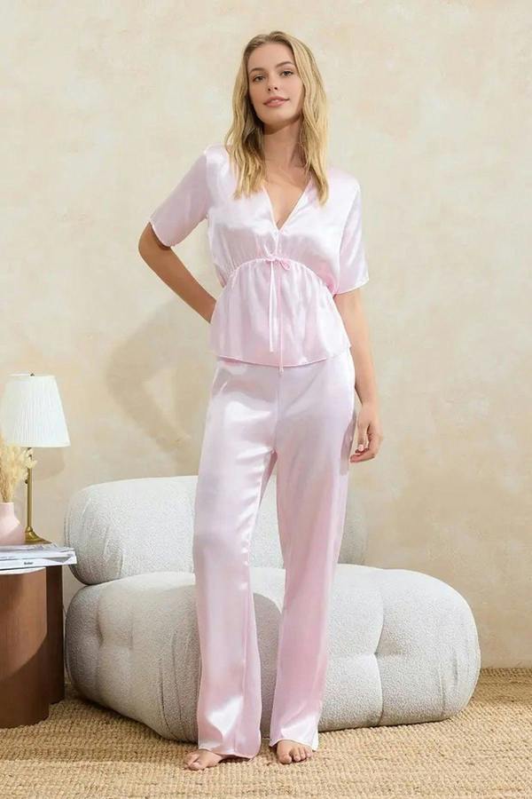 WOVCOR 2-Piece Gathered Tie Detail Satin Woven Pajama Set