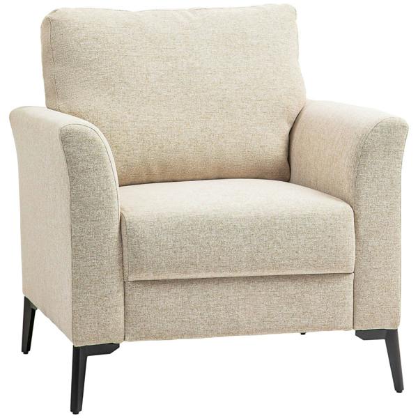 Beige linen-look armchair with wide arms, cushioned seat, and tapered black legs