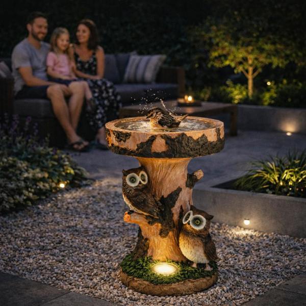 Gardenwize Solar Bird Bath – Owl Garden Ornament with LED Light