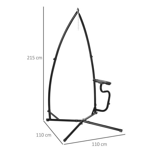 Black metal hanging chair stand with C-shaped support hook and three-part base