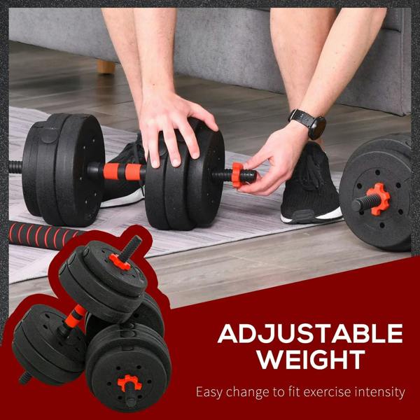 Adjustable weight dumbbell bar with black plates and red adjustment piece near hands