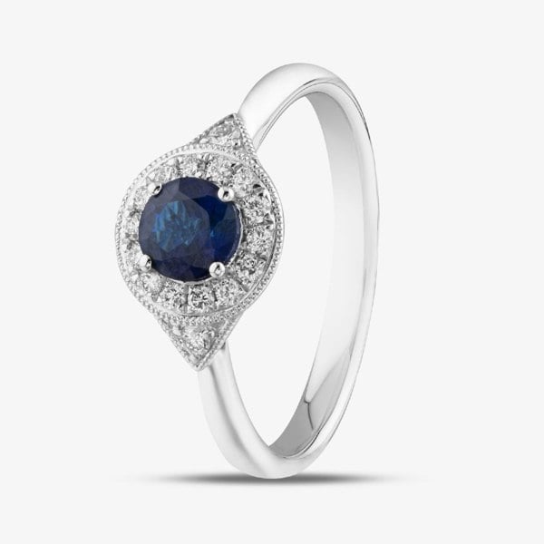 T. H. Baker 18ct White Gold Brilliant Cut Sapphire & Diamond Shoulder Set Halo Ring R62366W-SAP M