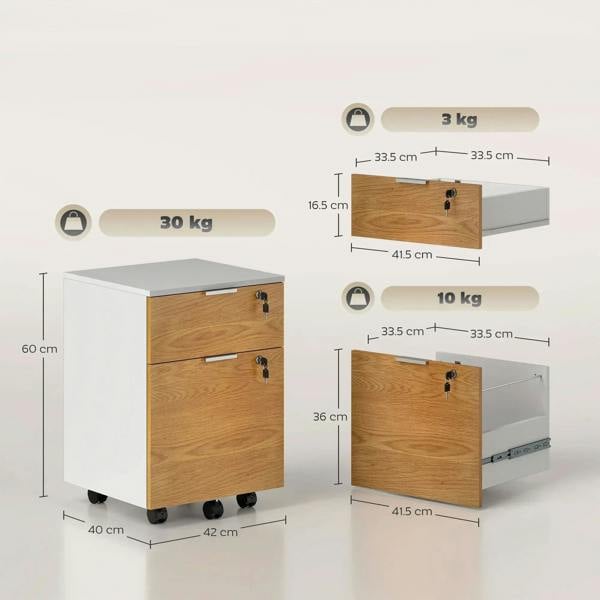 Two-drawer lockable filing cabinet with wood-effect front, showing size and load indicators