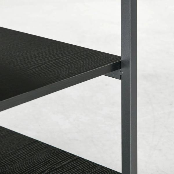 Black steel shelf support and open tier of a three-tier printer stand