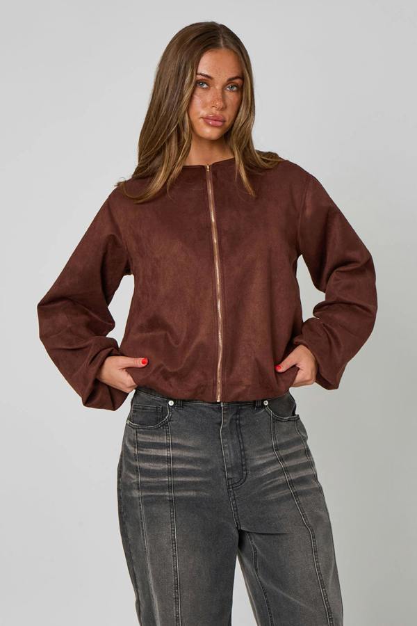 Urban Bliss Chocolate Faux Suede Bubble Hem Jacket