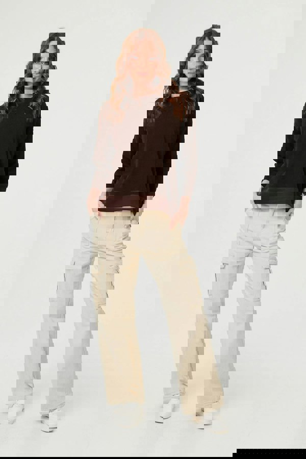 Brown | Contrast Hem Relaxed 3/4 Sleeve Jumper
