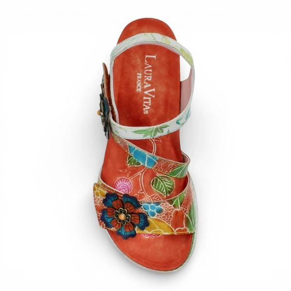 Laura Vita Bonito 32 - Women's Orange Floral Leather Wedge Sandals