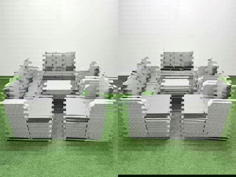 Fimous PE Rattan High Back Lounge Sofa Set Patio Oblong Coffee Table & Chairs Set with 3 Seater Sofa Reclining Chair 2 Big Footstool Light Grey