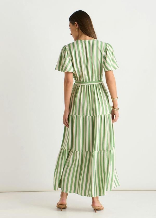Gini London Sage Green Stripe Wrap Belted Viscose Midi Dress