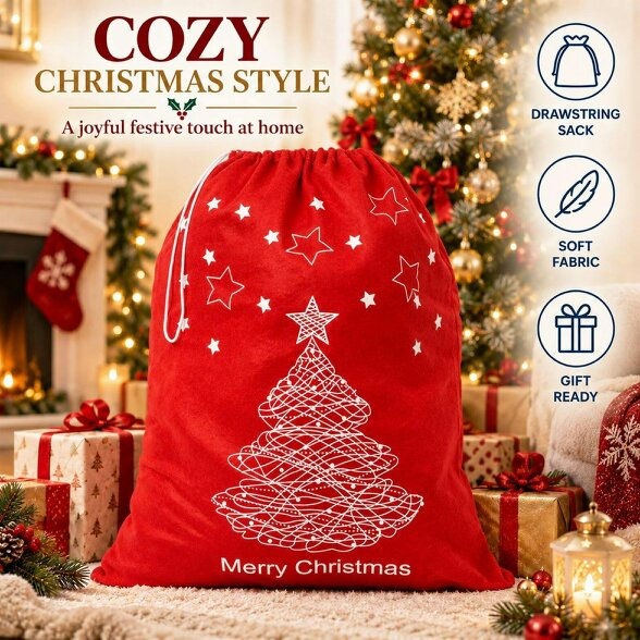 Shatchi 60cm x 45cm Red Merry Christmas Santa Sack with Festive Print for Gifts and Dressing Up