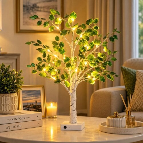 smartbies Birch Christmas Tree with Lights Table Top Tree With 24 Warm Lights