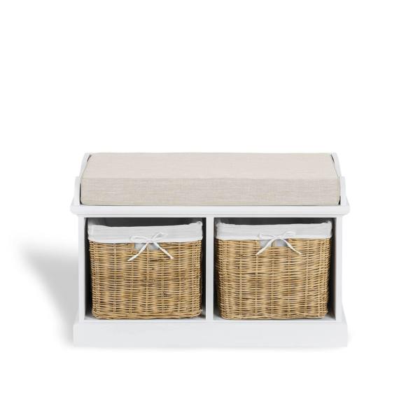 Statement Furniture Tetbury White Storage Bench with Natural Wicker Baskets and Brown Cushion