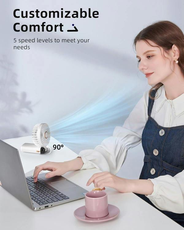 Dyzi 2-in-1 Portable Travel Mini Handheld Desk Table Fan USB-C Rechargeable White