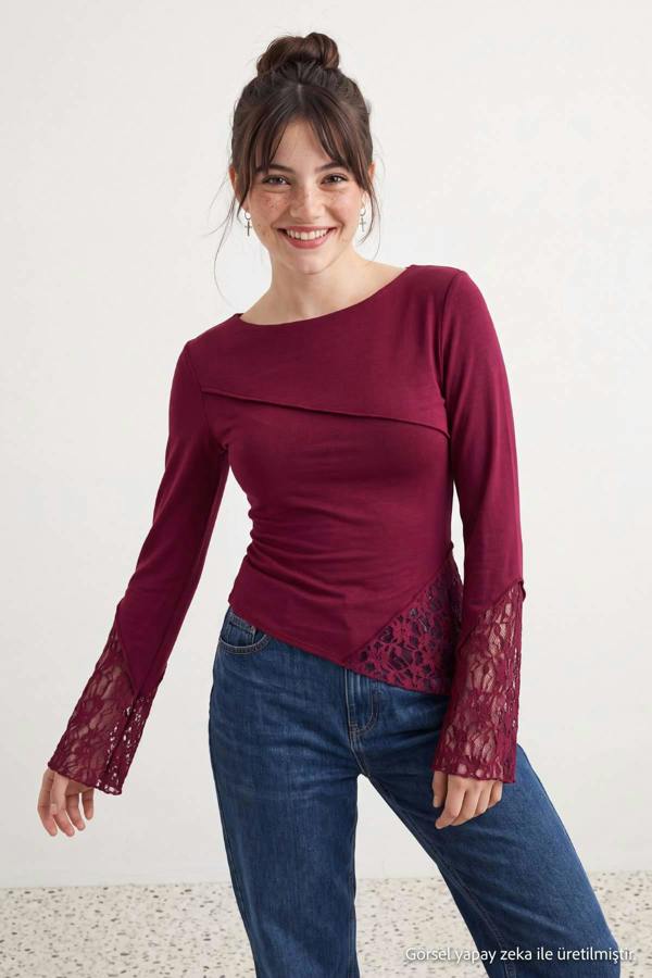 WOVCOR Boat Neck Spanish Sleeve Lace Detail Fitted Blouse - Burgundy