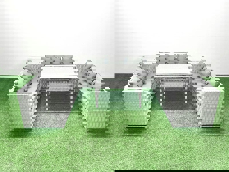 Fimous Rattan Garden Outdoor Furniture Set 9 Seater Garden Sofa Rectangulr Dining Table Set with Side Table Light Grey Mixed