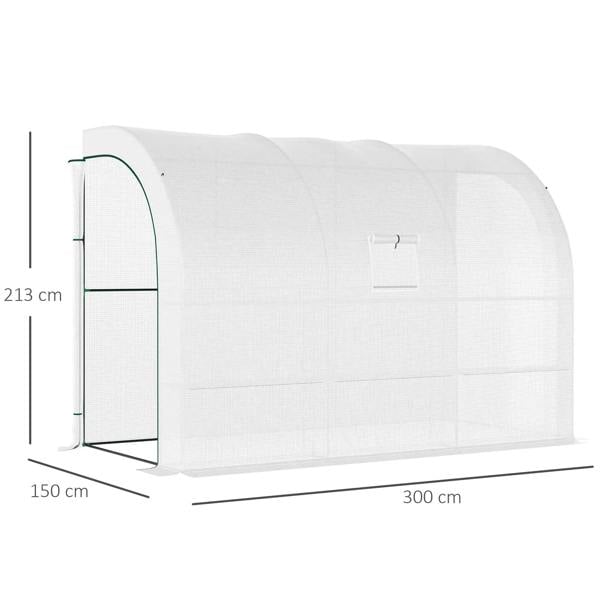 White walk-in greenhouse with open zippered door and overall size 300 x 150 x 213 cm