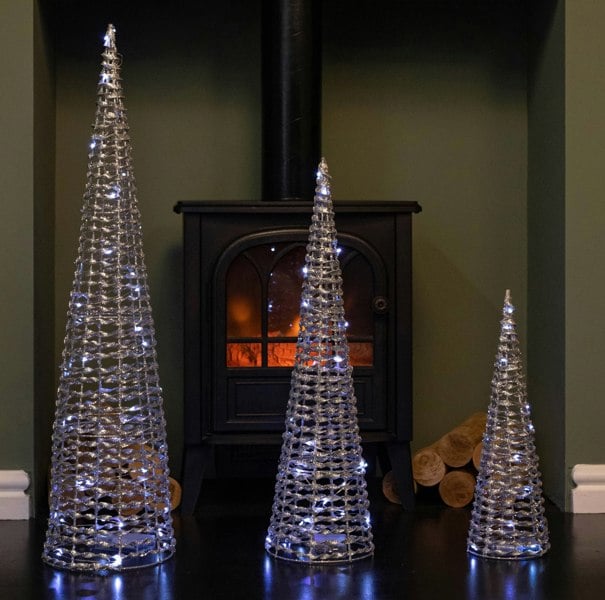 Samuel Alexander Set of 3 Silver Glitter Twist Christmas Cone Trees with 90 Cool White LEDs