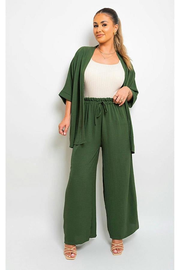 Mollie Drawstring Gathered Waist Wide Leg Trouser - Khaki