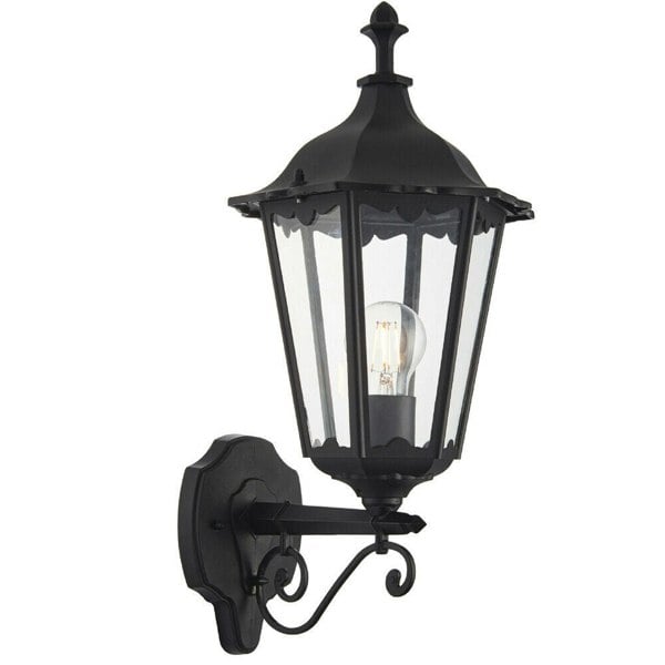IP44 Outdoor Wall Light Matt Black & Glass Traditional Lantern Porch Dimmable Loops