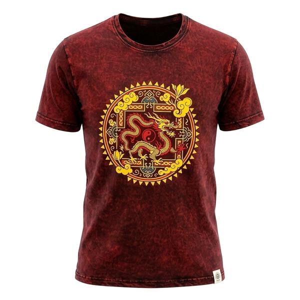 Maroon stonewashed cotton T-shirt with yellow dragon mandala front graphic