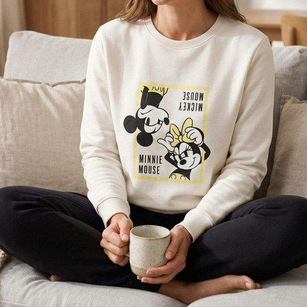 Onomato! Women's Mickey & Minnie Mouse Jumper 100% Cotton French Terry Size M White