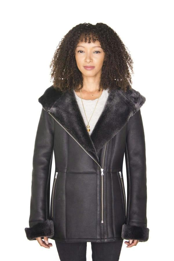 Infinity Leather Womens Black Hooded Merino Sheepskin Jacket-Rothwell
