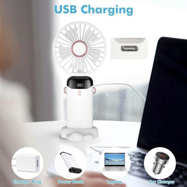 Dyzi 2-in-1 Portable Travel Mini Handheld Desk Table Fan USB-C Rechargeable White