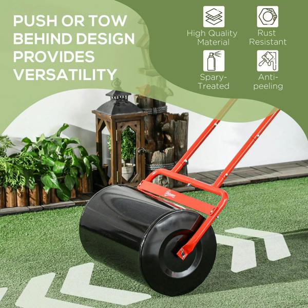 Red steel lawn roller with black drum, designed to push or tow behind