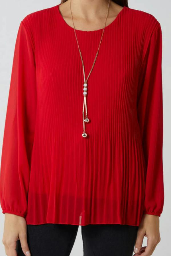 Hoxton Gal Oversized Long Sleeves Pleated Top with Tulle Details in Red with Necklace