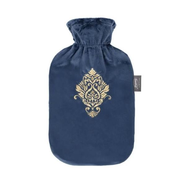 Deep blue velvet Fashy 2L hot water bottle with gold damask design