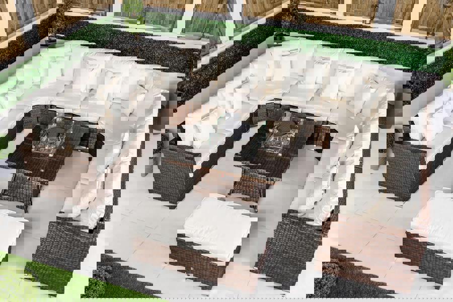 Giardino Santorini 8 Seat Modular Sofa Rattan Garden Furniture Set Outdoor Fire Pit Coffee Table & Bench