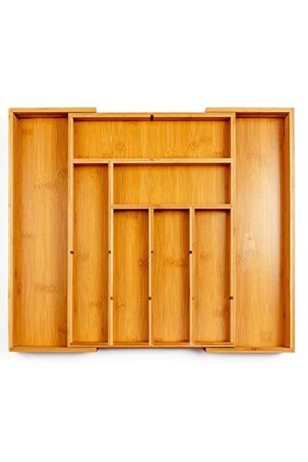 Dyzi Bamboo Cutlery Tray with Adjustable Compartments Drawer Organiser