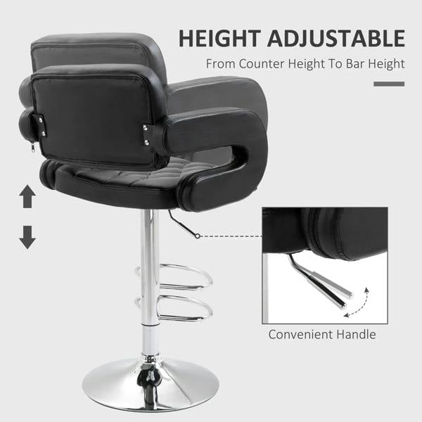 Black PU leather height adjustable swivel bar stool with handle and round metal base