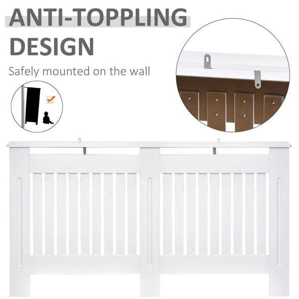 White slatted radiator cover with wall-mount brackets and secure front grille