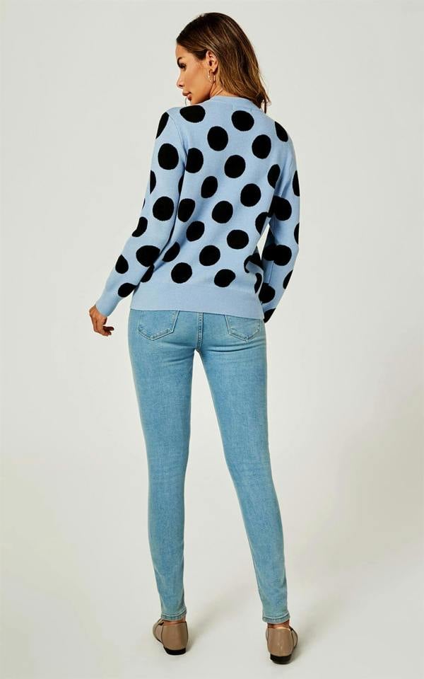 FS Collection Comfy Knit Black Polka Dot Pattern Jumper Top In Blue