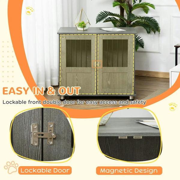 Dog crate table feature graphic with lockable double door and magnetic design