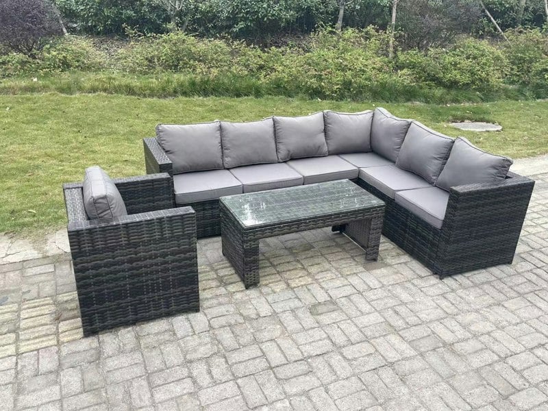 Fimous 7 Seater Rattan Corner Sofa Lounge Sofa Set With Rectangular Coffee Table With Arm Chair Dark Grey Mixed