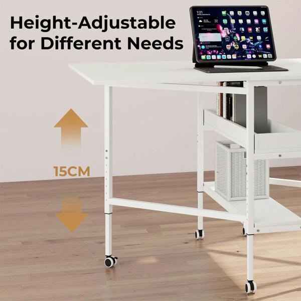Levede Folding Sewing Table Large 84–102 cm Adjustable Lockable Casters Steel