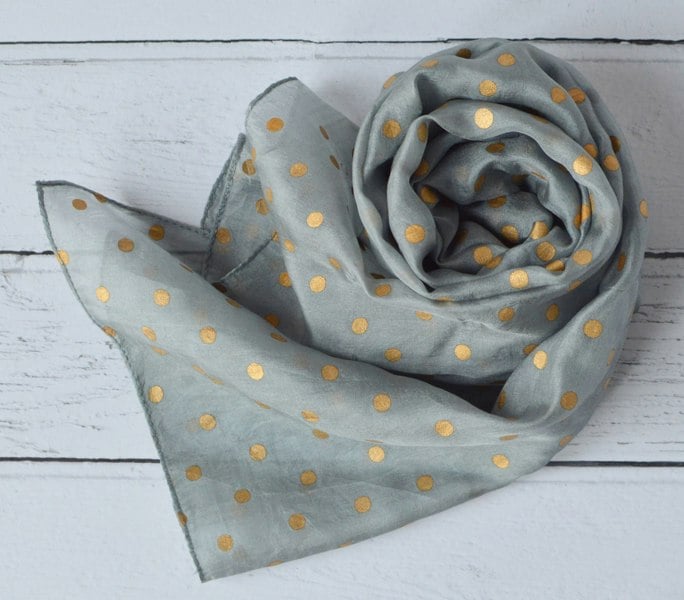 Antonia York Tiffany | Silk Neck Scarf - Grey & Gold Foil Polka Dot