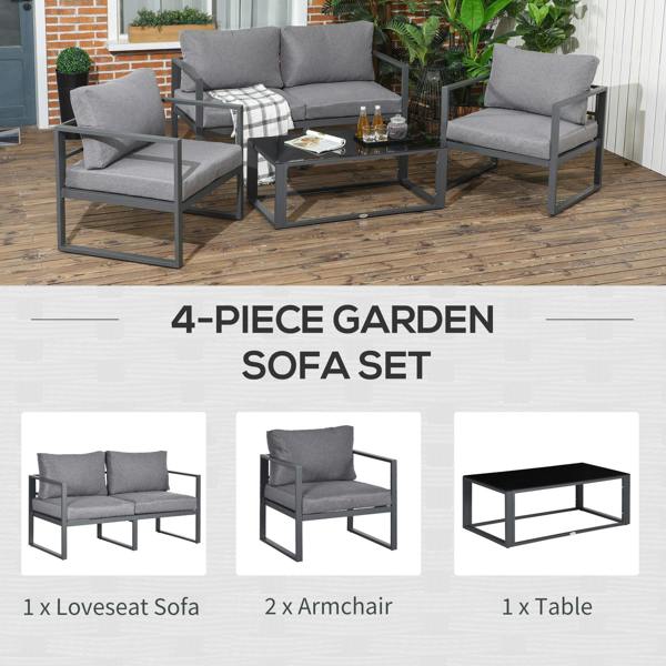 Wyld Haus Luro 4 Seater Grey Garden Sofa Set with 2 Armchairs 1 Sofa and 1 Coffee Table Aluminium Frame
