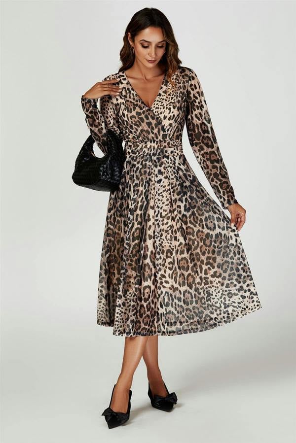 FS Collection Leopard Print Mesh Midi Dress In Brown