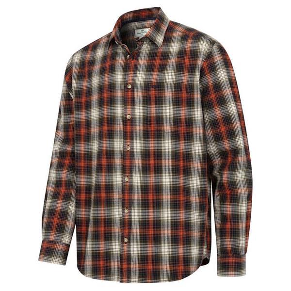 Hoggs of Fife Tiree herringbone check shirt folded to show green and blue pattern, chest pocket and collar for countryside wear